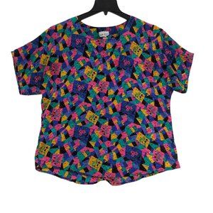 Vintage Geometric Top Women Size L Confetti Mosaic Art Festival Quirky Retro USA